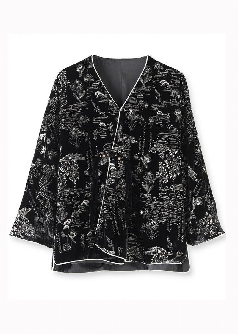 Kvinnor Svart V-ringad Jacquard Patchwork Silk Velourrockar Höst - Vinterkappor för kvinnor