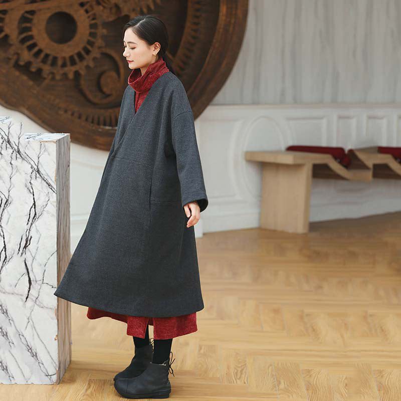 Kvinnor Svarta Kappor Trendiga Plus Size V-ringad Ytterkläder Vintage Baggy Fickor Ulljackor - Trenchcoats för kvinnor