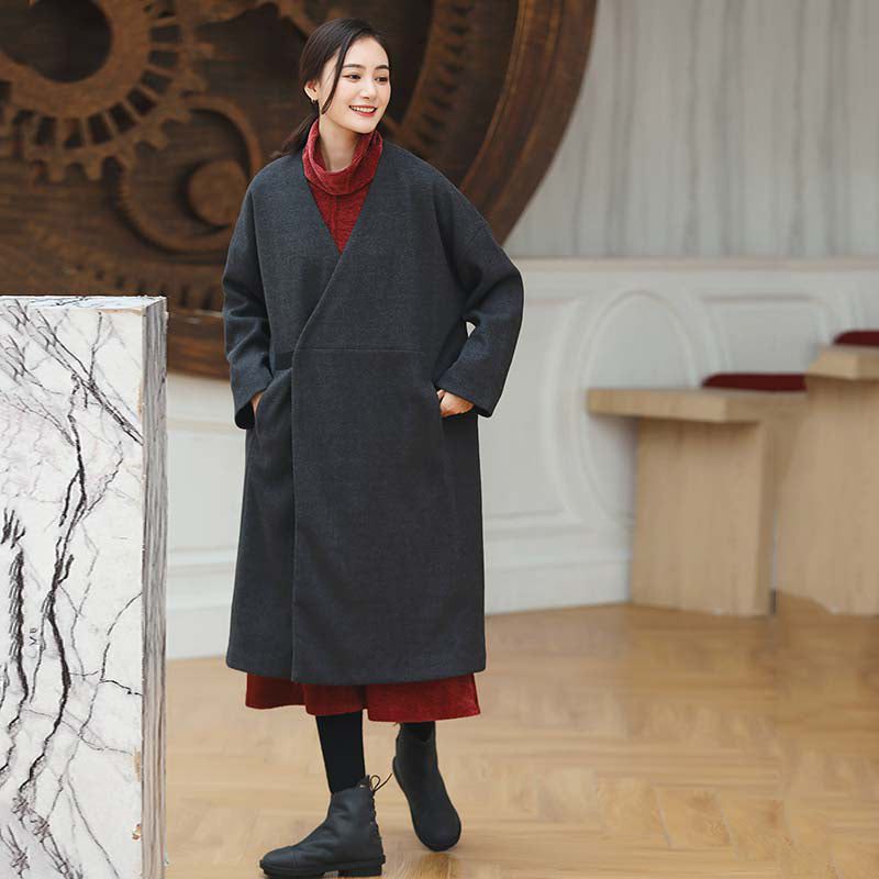 Kvinnor Svarta Kappor Trendiga Plus Size V-ringad Ytterkläder Vintage Baggy Fickor Ulljackor - Ullrockar för kvinnor
