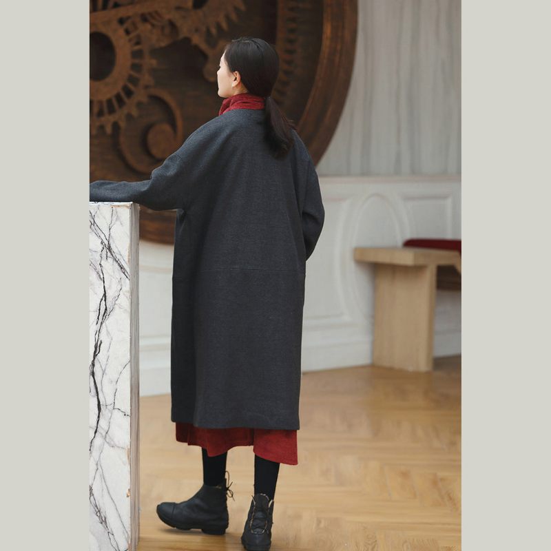 Kvinnor Svarta Kappor Trendiga Plus Size V-ringad Ytterkläder Vintage Baggy Fickor Ulljackor - Ullrockar för kvinnor