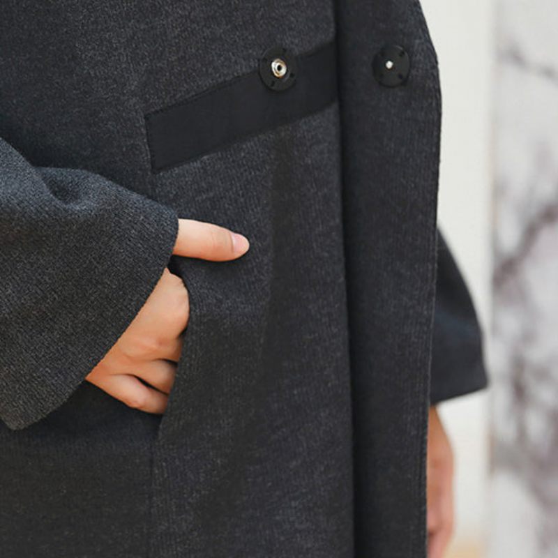 Kvinnor Svarta Kappor Trendiga Plus Size V-ringad Ytterkläder Vintage Baggy Fickor Ulljackor - Ullrockar för kvinnor