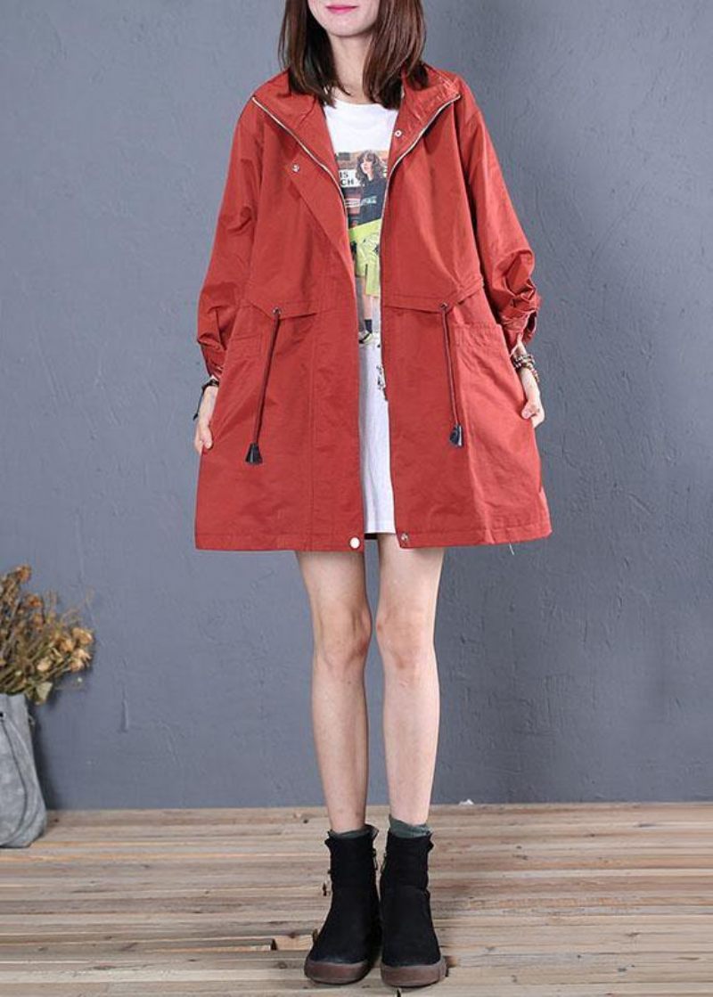 Kvinnor Trendiga Plus Size Mellanlånga Kappor Faller Röd Dragsko - Trenchcoats för kvinnor