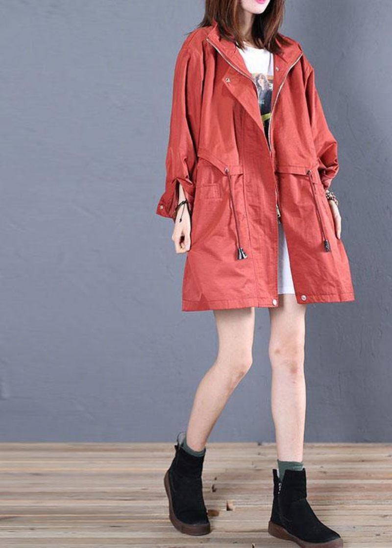 Kvinnor Trendiga Plus Size Mellanlånga Kappor Faller Röd Dragsko - Trenchcoats för kvinnor