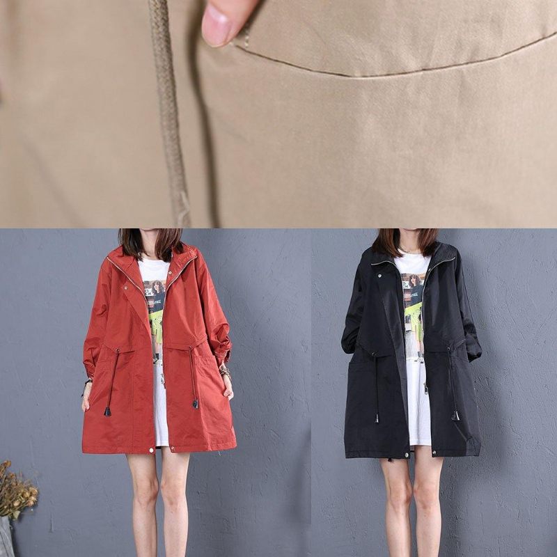 Kvinnor Trendiga Plus Size Mellanlånga Kappor Faller Röd Dragsko - Trenchcoats för kvinnor