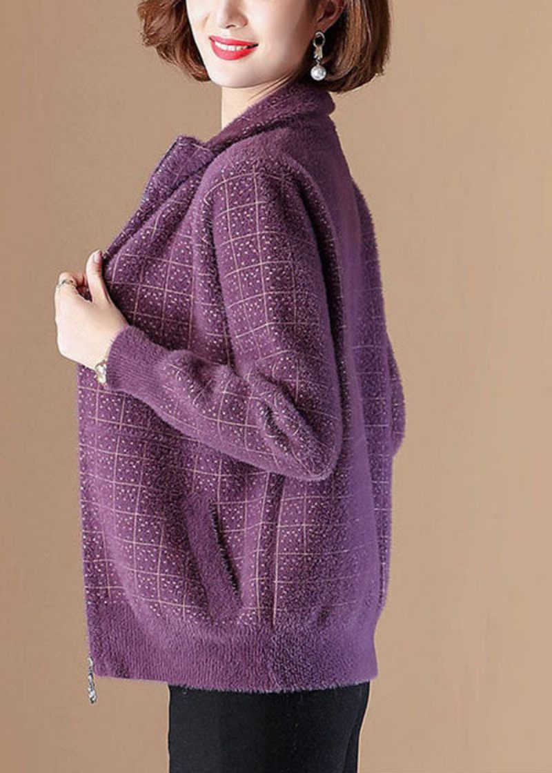 Lila Pläd Mink Hår Stickade Kappor Zip Up-fickor Tjock Långärmad - Lila