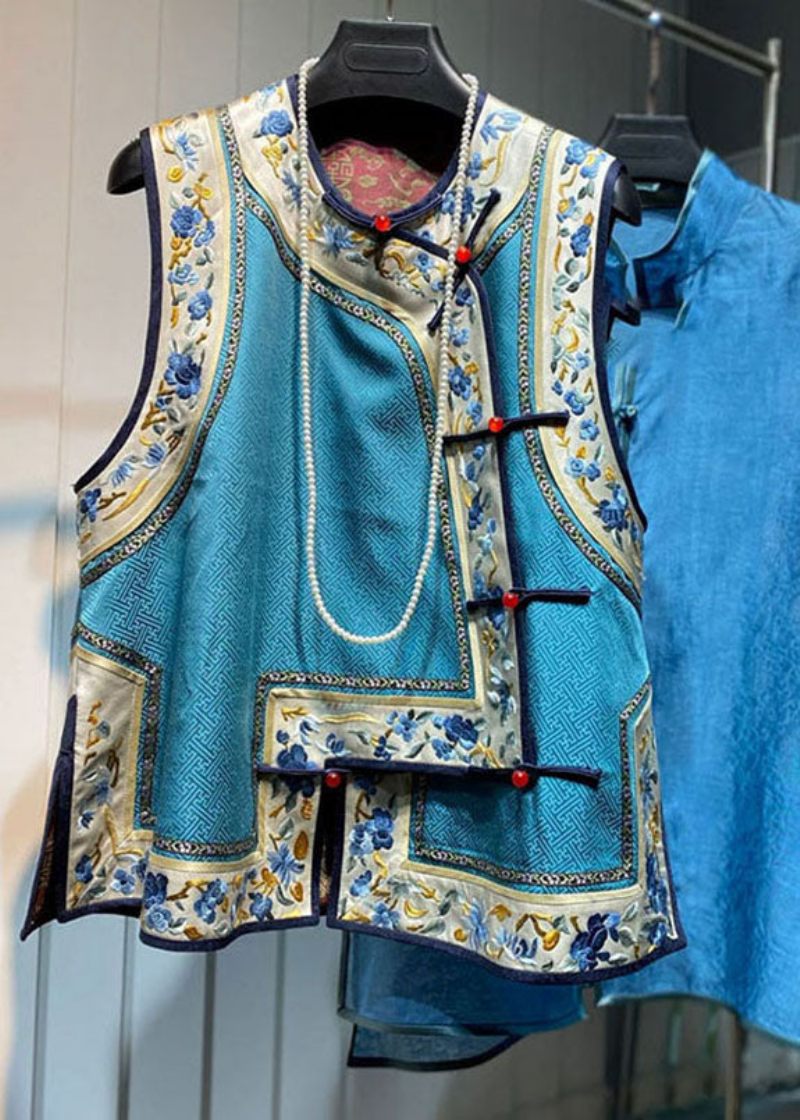 Lös Blå O-hals Broderad Blommig Patchwork Sidenväst Höst - Vinterkappor för kvinnor