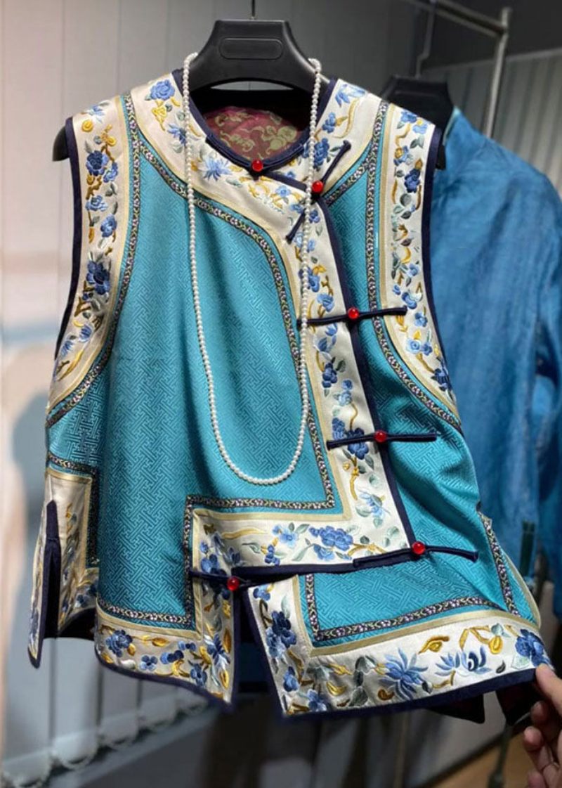 Lös Blå O-hals Broderad Blommig Patchwork Sidenväst Höst - Vinterkappor för kvinnor