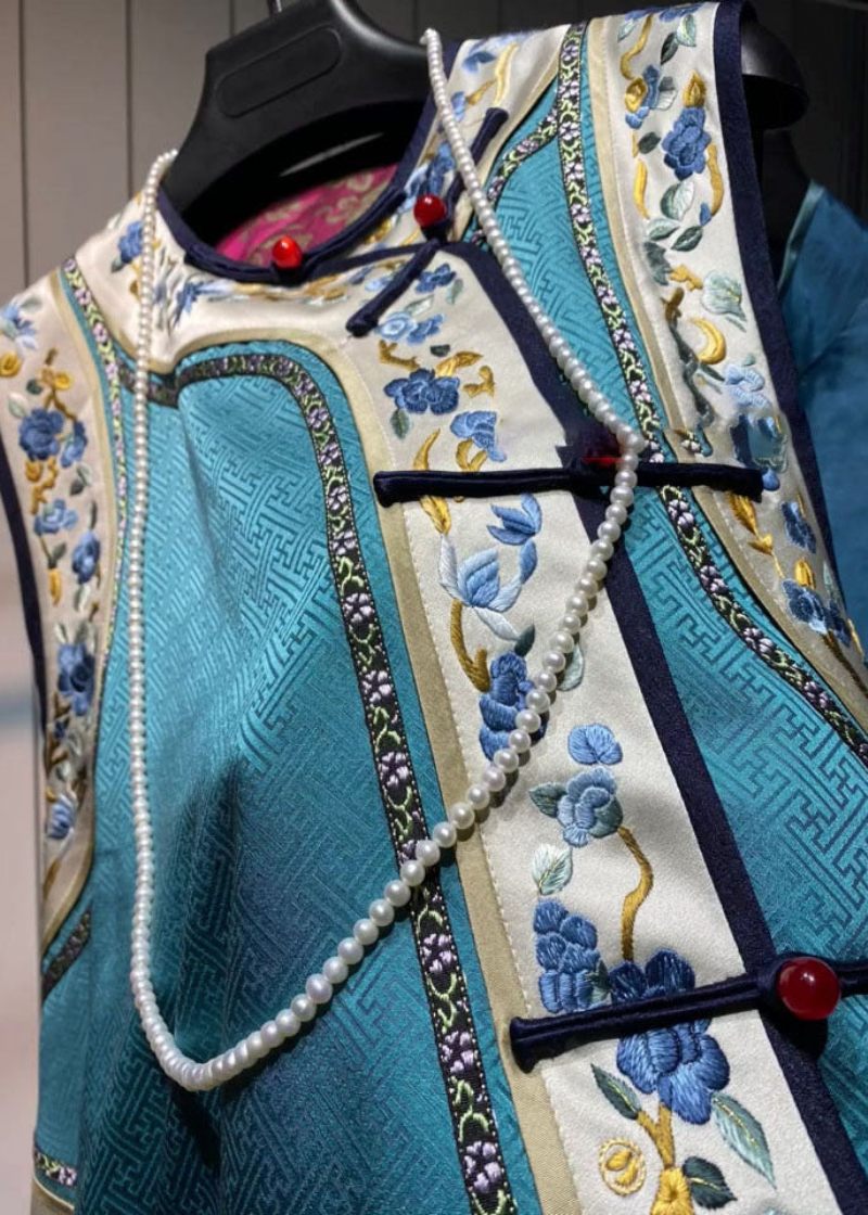 Lös Blå O-hals Broderad Blommig Patchwork Sidenväst Höst - Vinterkappor för kvinnor