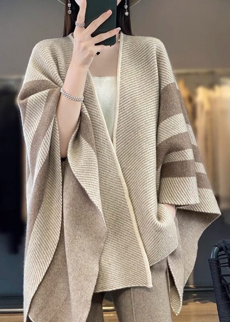 Lös Camel V-hals Randig Patchwork Ull Cape Cardigans Fall - Koftor för kvinnor