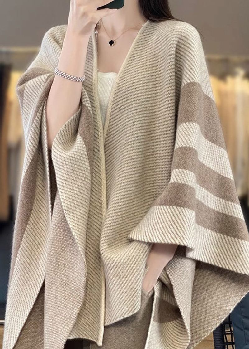 Lös Camel V-hals Randig Patchwork Ull Cape Cardigans Fall - Koftor för kvinnor