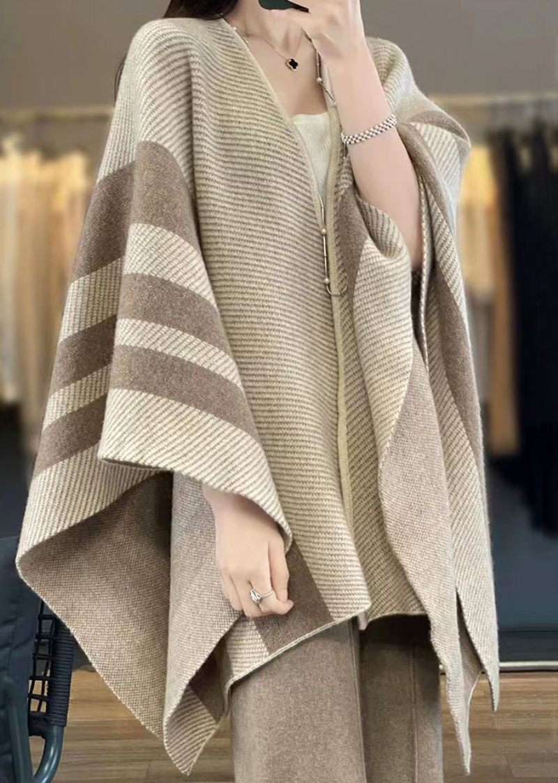 Lös Camel V-hals Randig Patchwork Ull Cape Cardigans Fall - Koftor för kvinnor