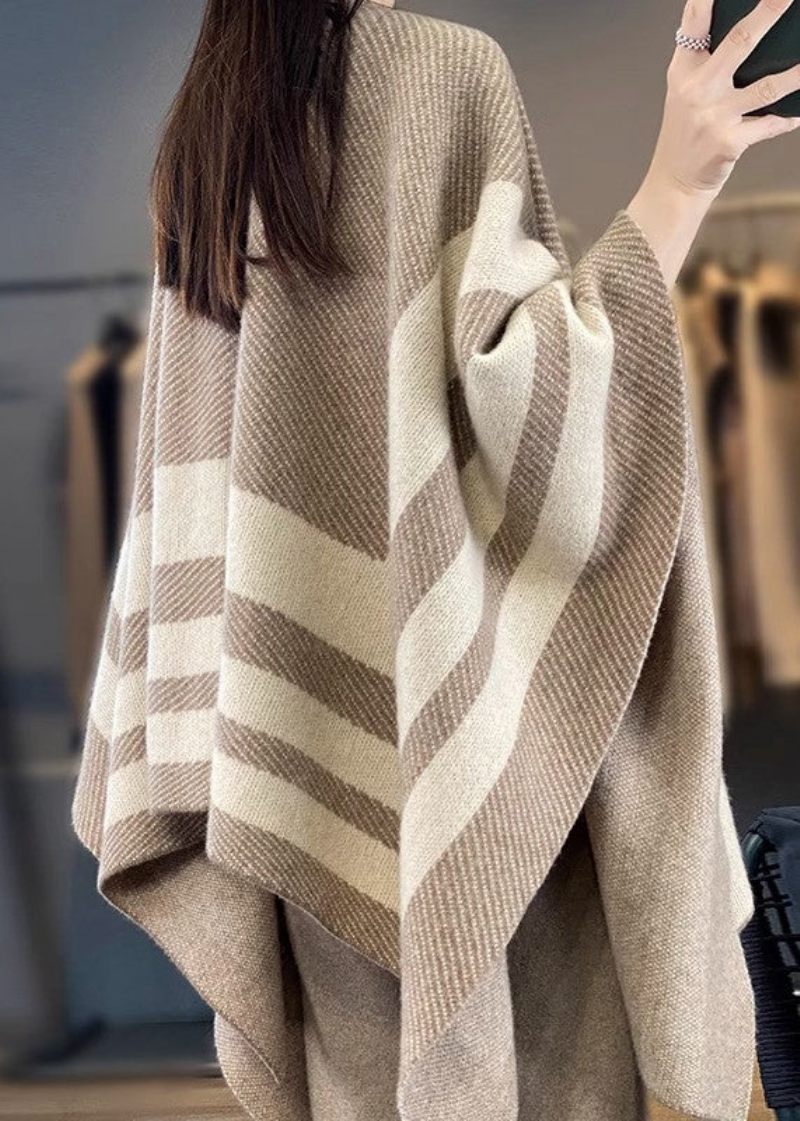 Lös Camel V-hals Randig Patchwork Ull Cape Cardigans Fall - Koftor för kvinnor