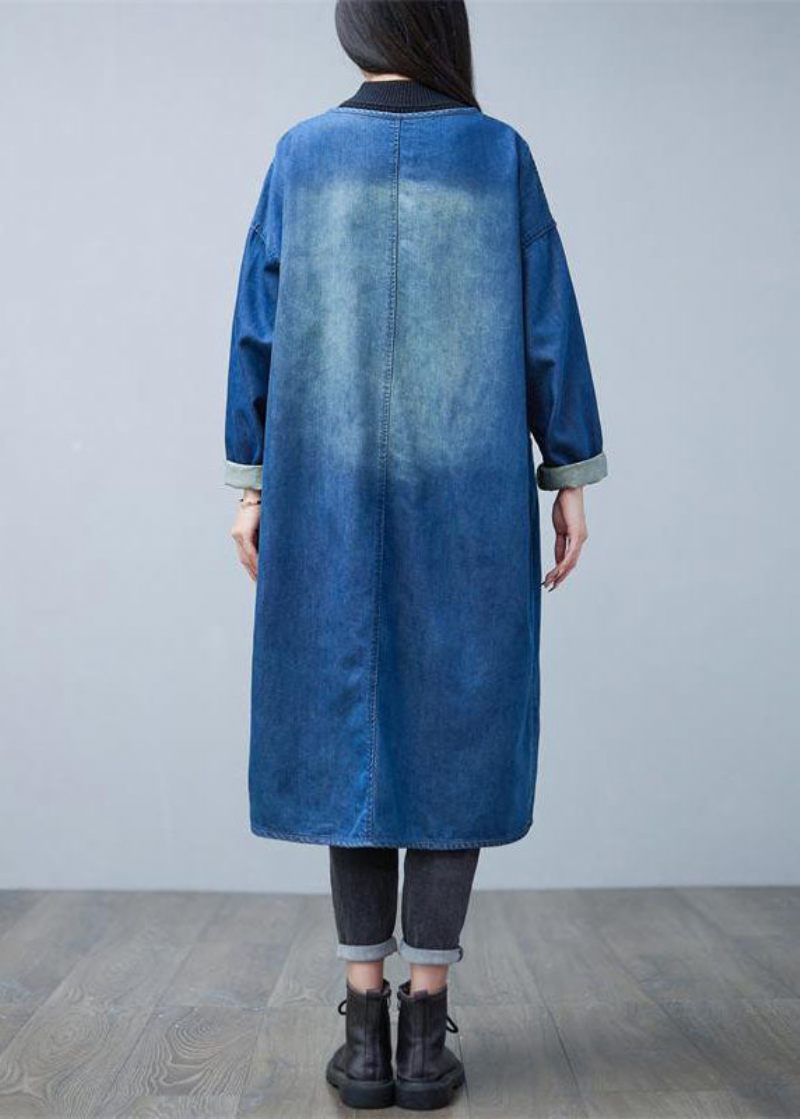 Lös Denim Blå V-hals Patchwork Fickor Bomull Trench Coats Spring - Trenchcoats för kvinnor