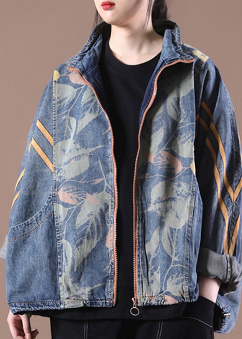 Lös Gör Gamla Blå Stativ Krage Dragkedja Print Denimrockar Långärmad - Vinterkappor för kvinnor