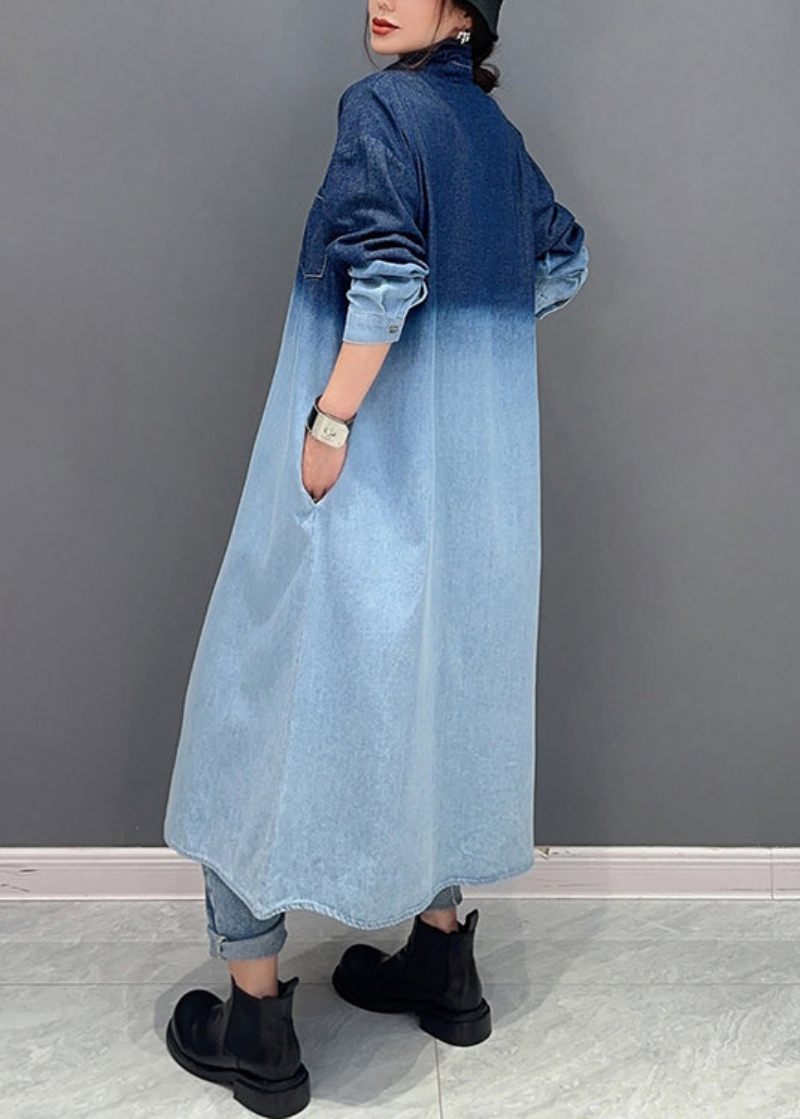 Lös Gradient Färg Knappfickor Denim Lång Kappa Höst - Vinterkappor för kvinnor