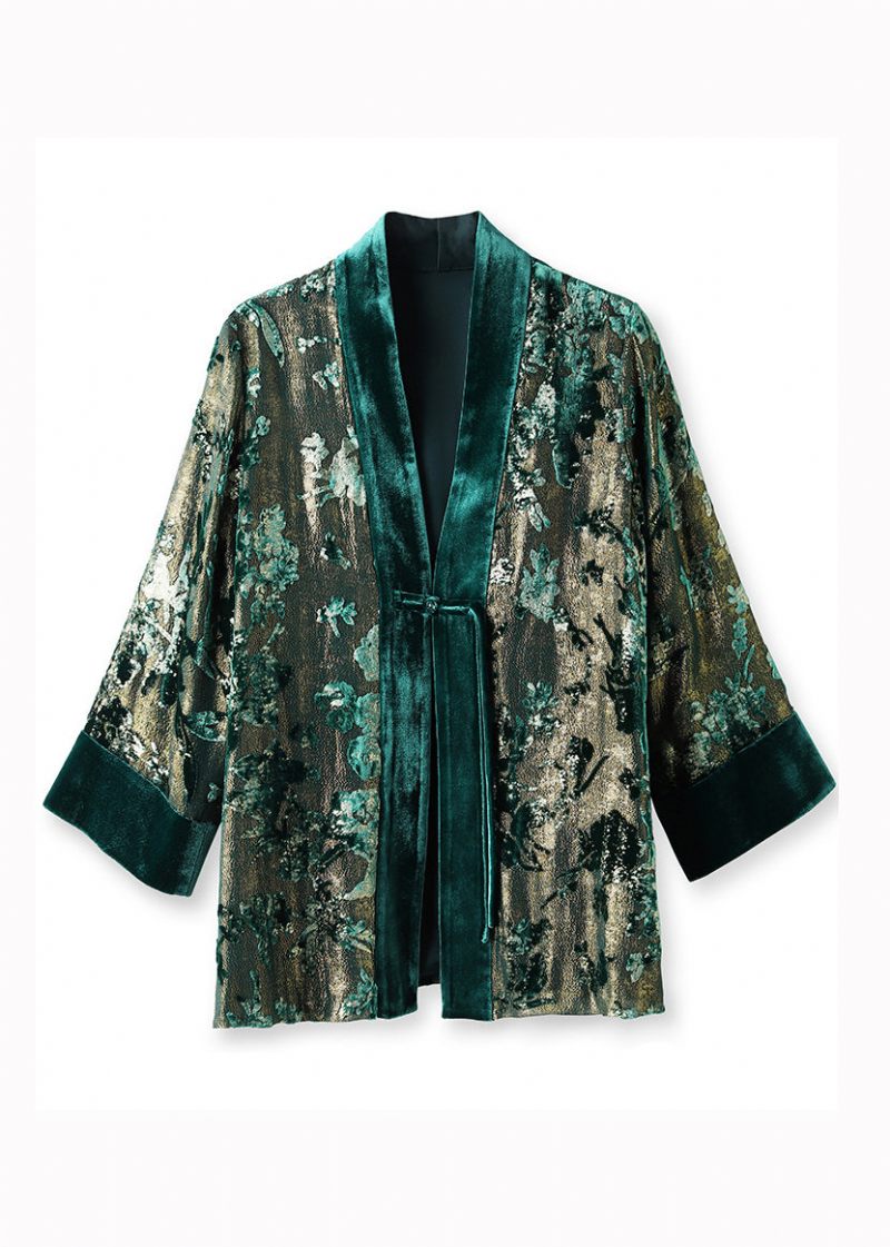 Lös Grön V-hals Jacquard Patchwork Silk Velour Coats Fall - Vinterkappor för kvinnor