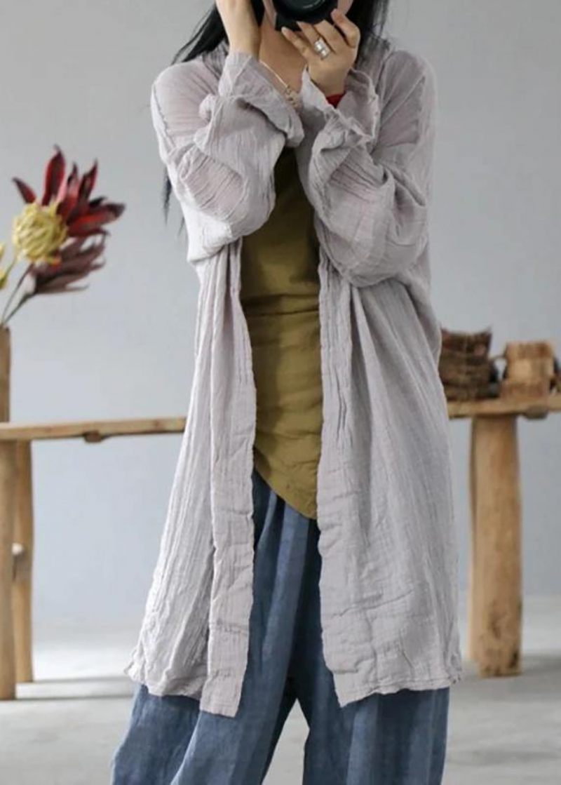 Lös Linne Bomull Carigan För Kvinnor Monterad Enkel Solid Color Sun Protection Shirt Coat - Vit