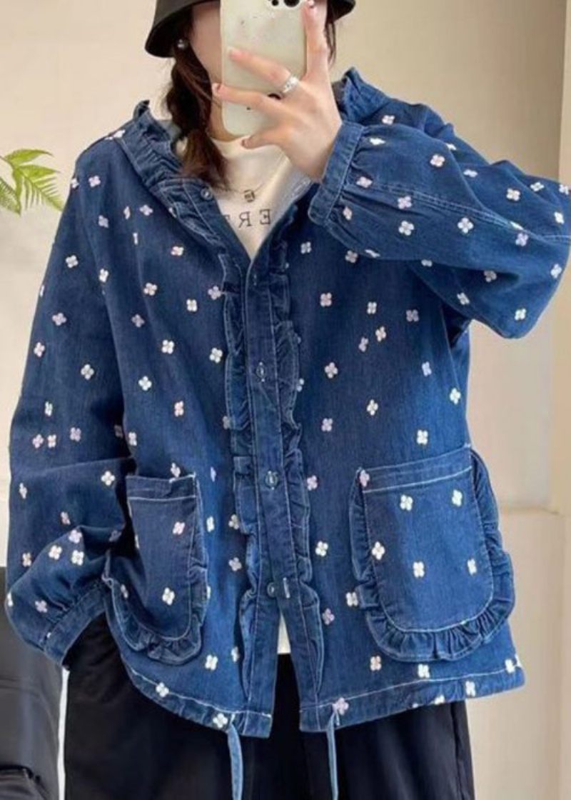 Lös Multi Hooded Ruffled Print Lace Up Denim Coat Spring - Vinterkappor för kvinnor