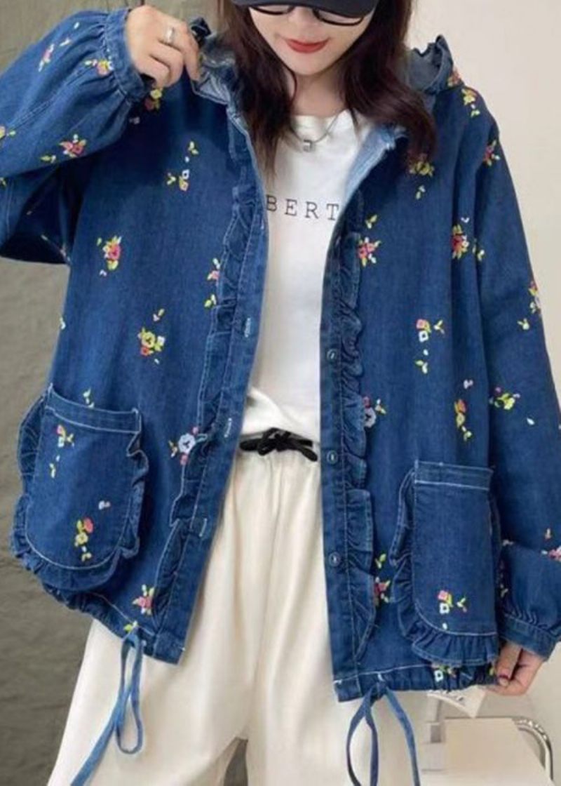 Lös Multi Hooded Ruffled Print Lace Up Denim Coat Spring - Vinterkappor för kvinnor
