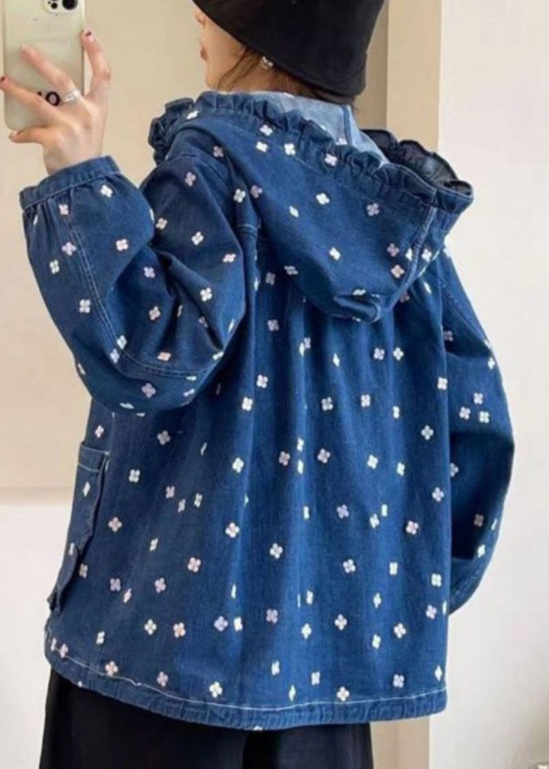 Lös Multi Hooded Ruffled Print Lace Up Denim Coat Spring - Vinterkappor för kvinnor