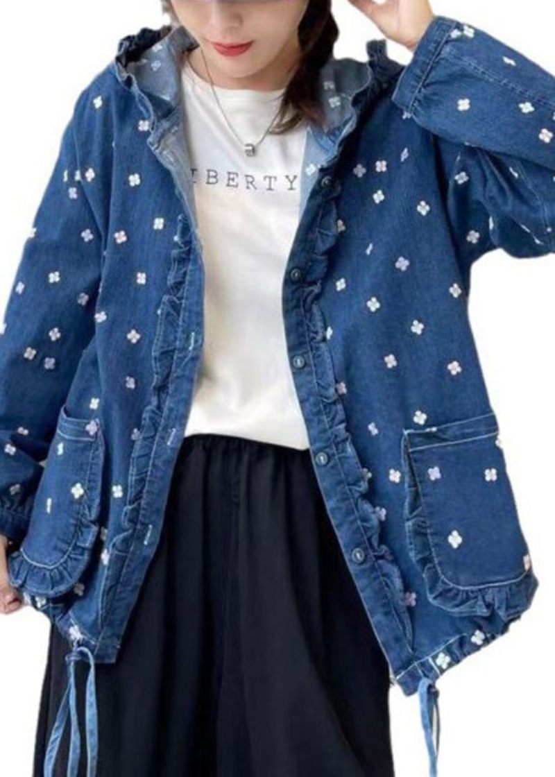Lös Multi Hooded Ruffled Print Lace Up Denim Coat Spring - Vinterkappor för kvinnor