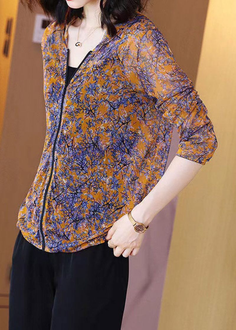 Lös Orange Print Hooded Tulle Coat Långärmad - Orange