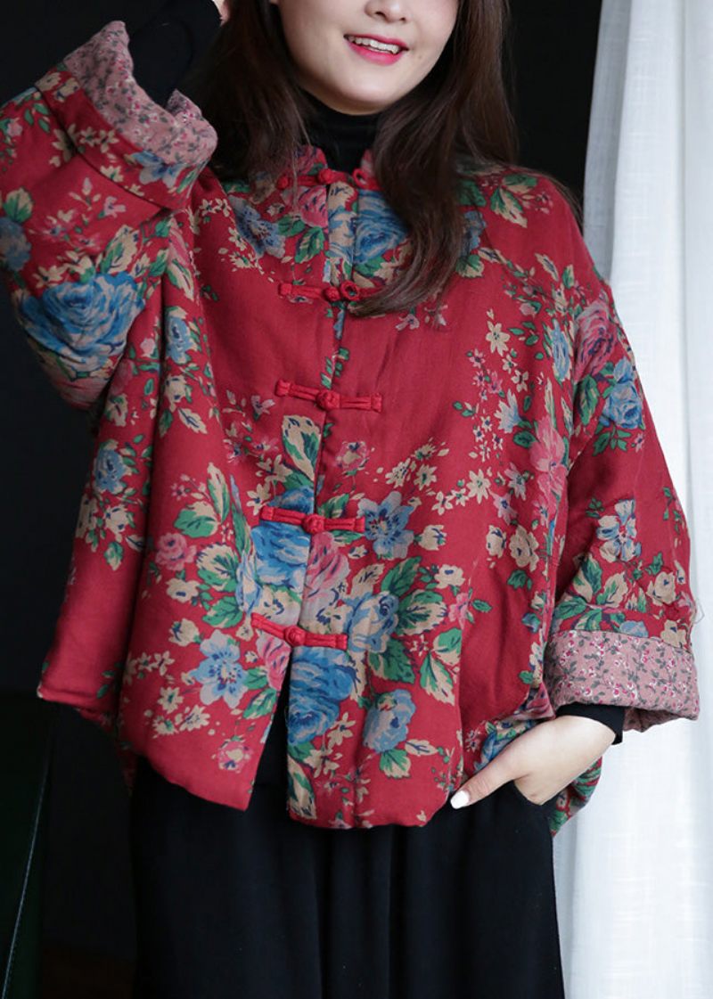 Lös Röd Stativ Krage Print Button Warm Fleece Cotton Parka Winter - Dunjackor för kvinnor