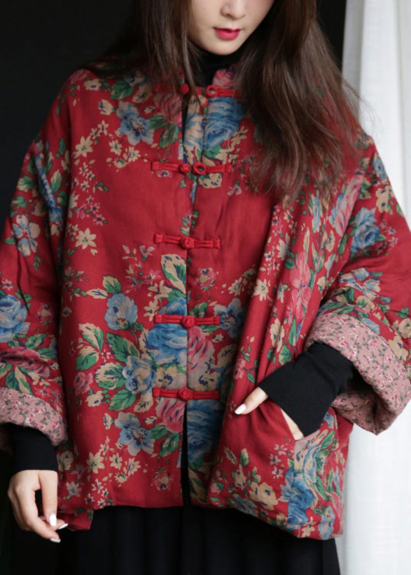 Lös Röd Stativ Krage Print Button Warm Fleece Cotton Parka Winter - Dunjackor för kvinnor