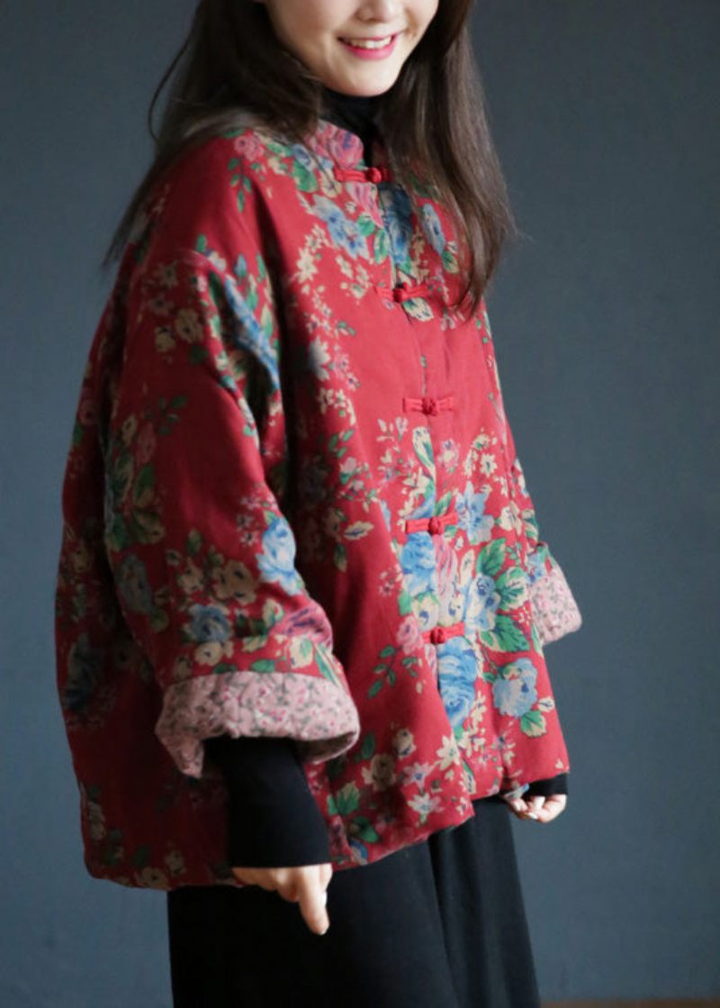 Lös Röd Stativ Krage Print Button Warm Fleece Cotton Parka Winter - Dunjackor för kvinnor