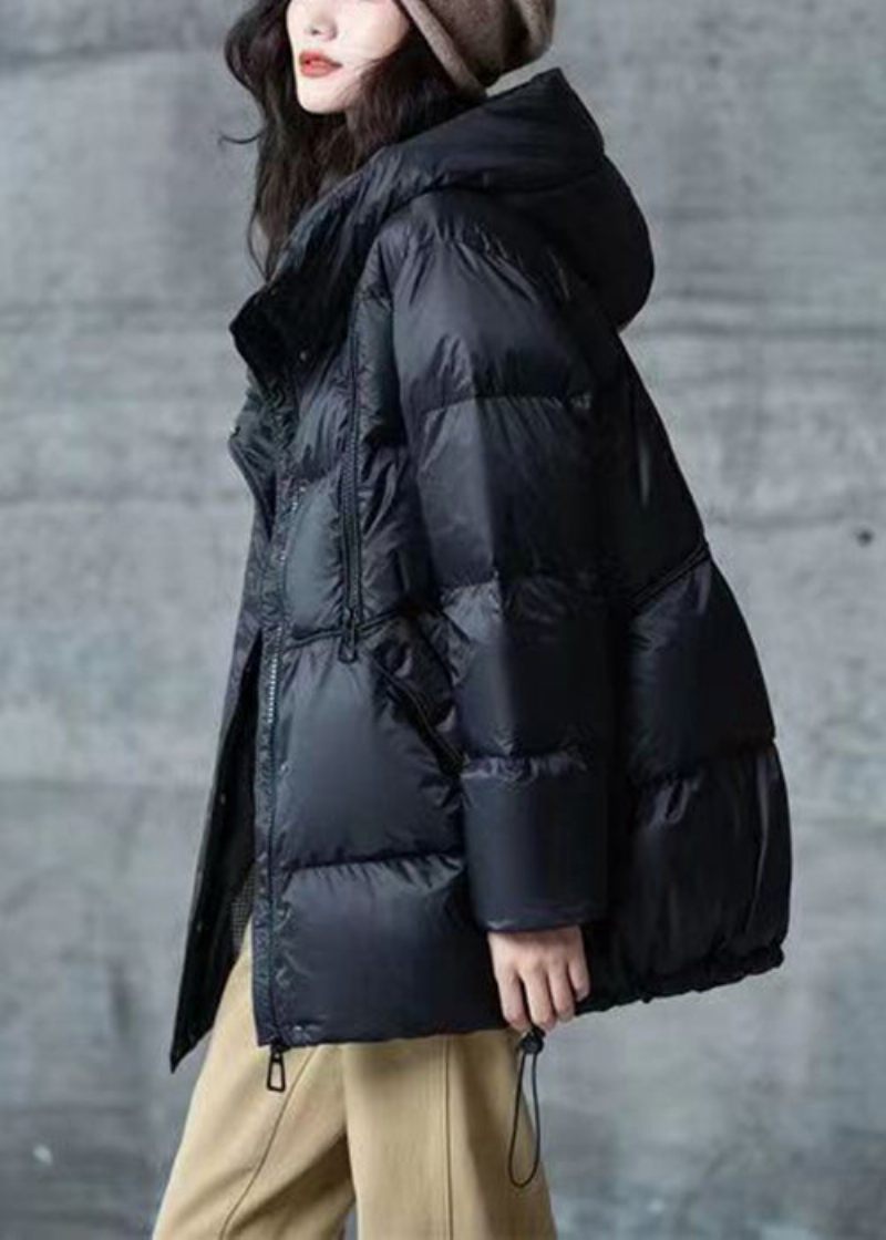 Lös Svart Huva Dragsko Patchwork Duck Down Coat Långärmad - Vinterkappor för kvinnor