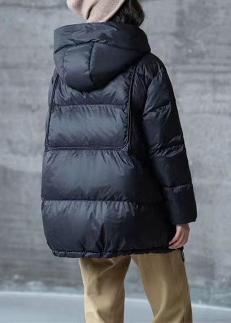 Lös Svart Huva Dragsko Patchwork Duck Down Coat Långärmad - Vinterkappor för kvinnor