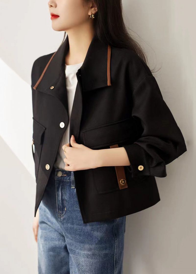 Lös Svart Stativ Krage Knapp Patchwork Bomull Coat Höst - Vinterkappor för kvinnor