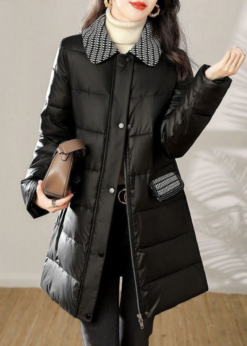 Lös Svart Zip Up Tie Midja Patchwork Bomullsfylld Kappa Vinter