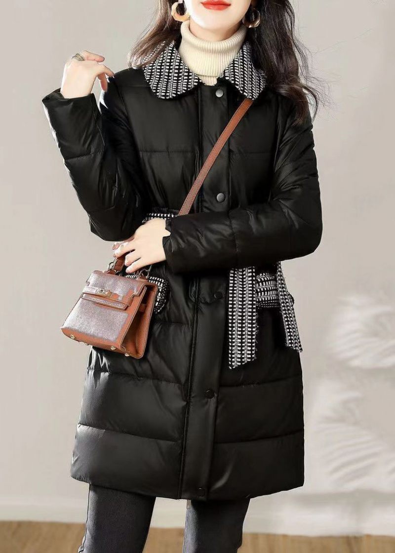 Lös Svart Zip Up Tie Midja Patchwork Bomullsfylld Kappa Vinter - Dunjackor för kvinnor