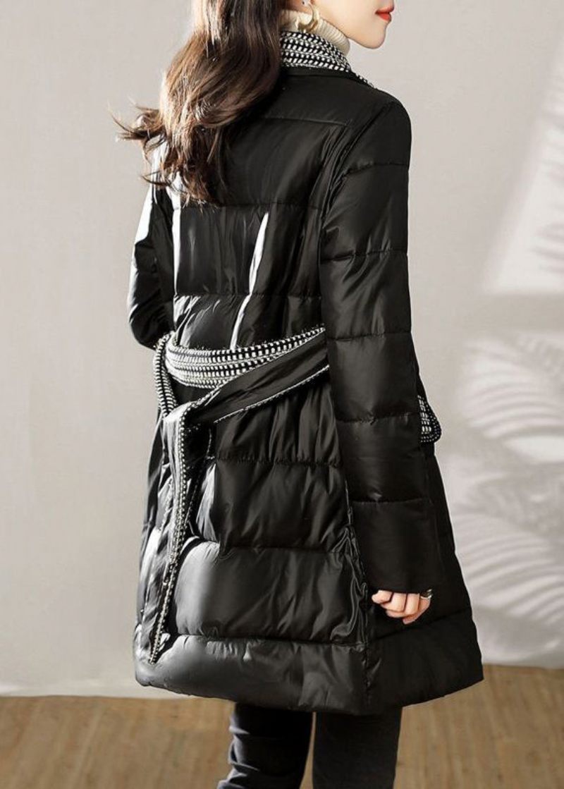 Lös Svart Zip Up Tie Midja Patchwork Bomullsfylld Kappa Vinter - Dunjackor för kvinnor