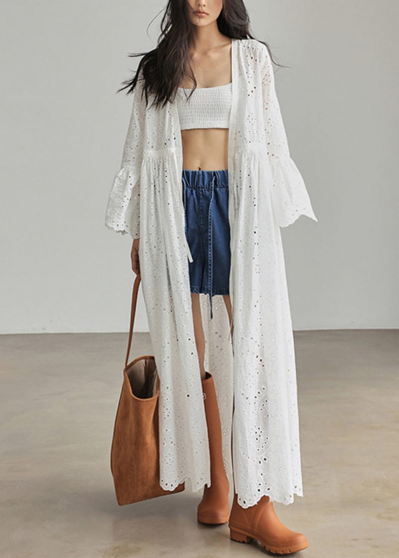 Lös Vit V-hals Patchwork Hollow Out Cardigans Flare Sleeve - Koftor för kvinnor
