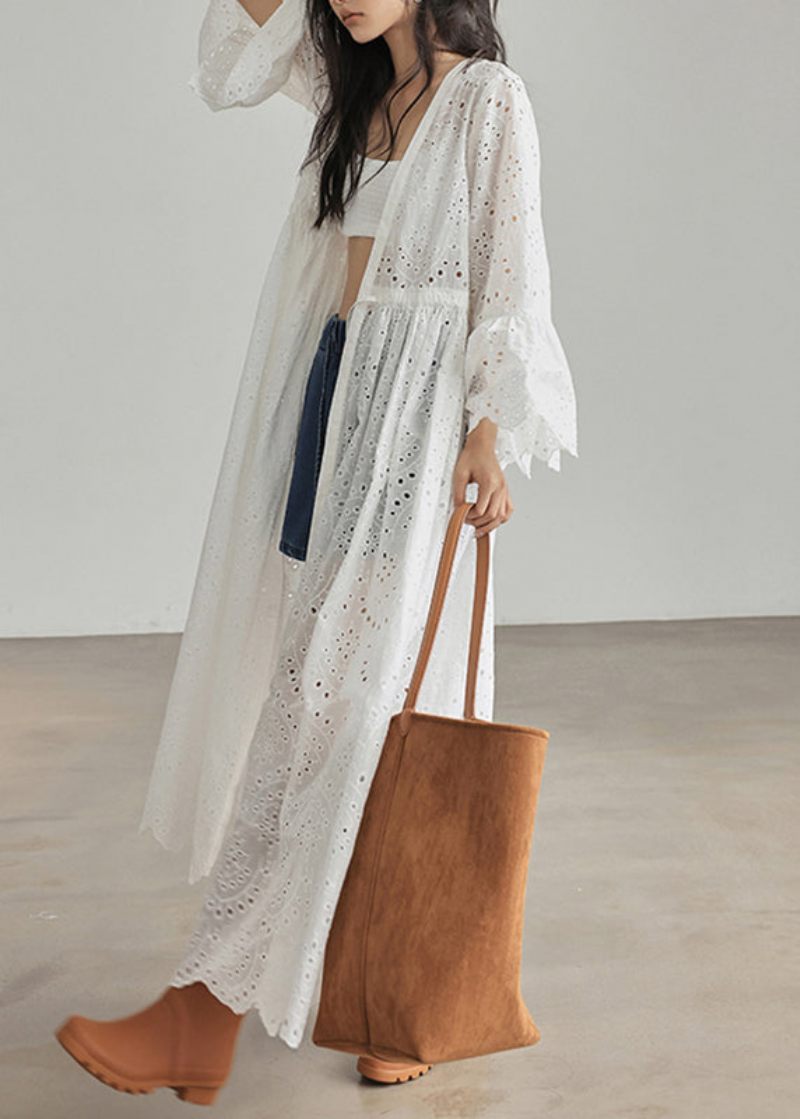 Lös Vit V-hals Patchwork Hollow Out Cardigans Flare Sleeve - Koftor för kvinnor