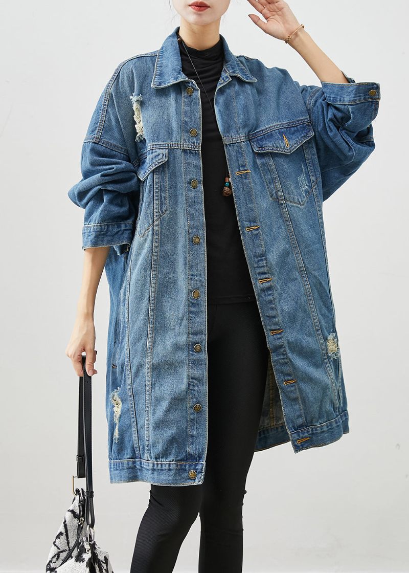 Lösa Denim Blå Oversized Fickor Bomull Ripped Coats Fall