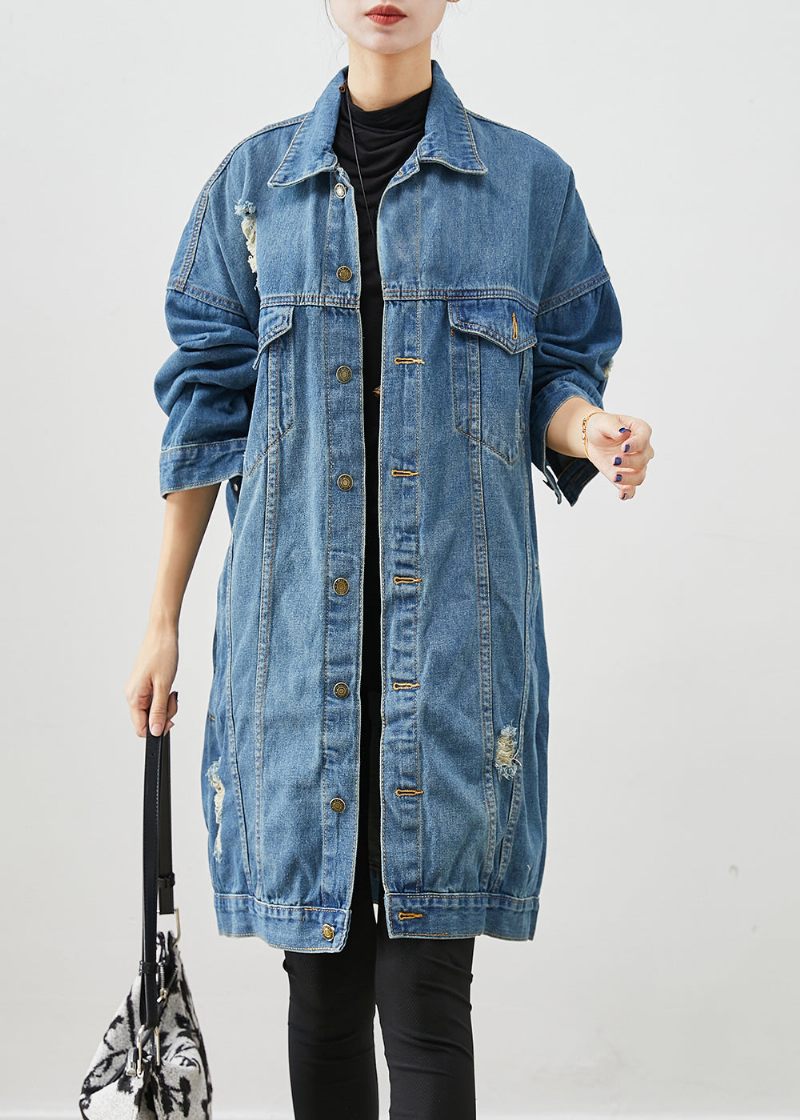 Lösa Denim Blå Oversized Fickor Bomull Ripped Coats Fall - Vinterkappor för kvinnor