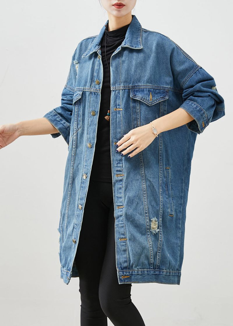 Lösa Denim Blå Oversized Fickor Bomull Ripped Coats Fall - Vinterkappor för kvinnor