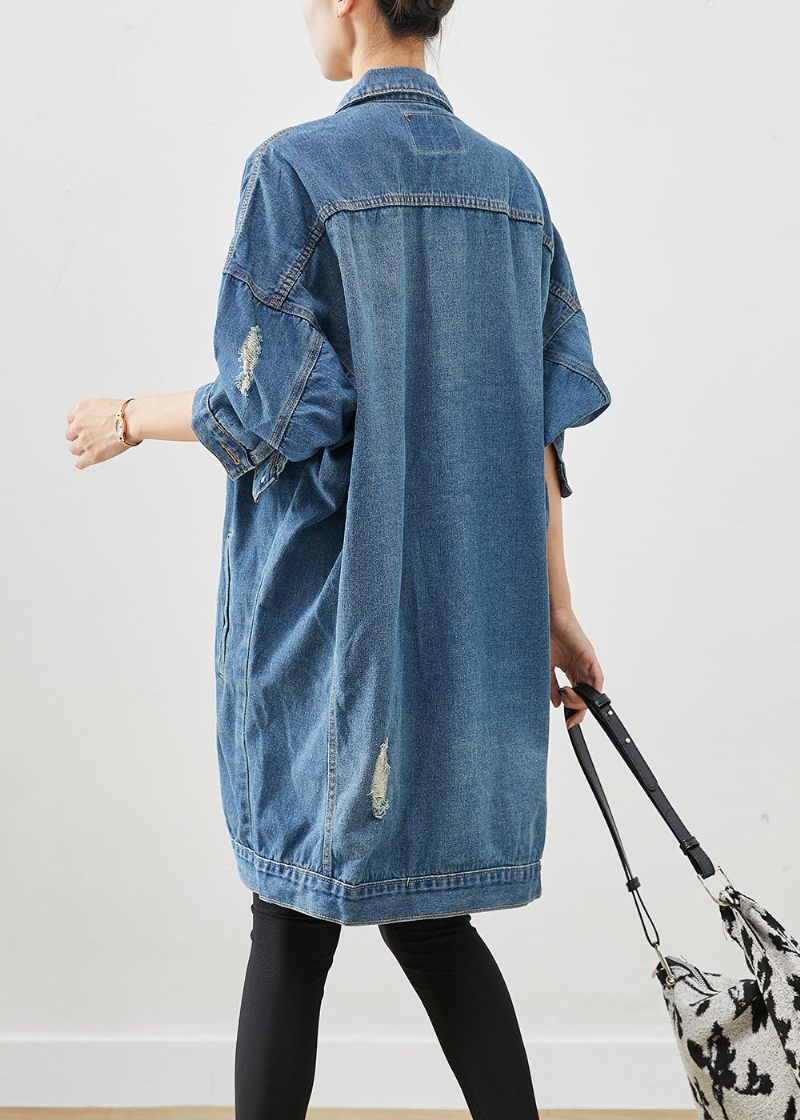 Lösa Denim Blå Oversized Fickor Bomull Ripped Coats Fall - Vinterkappor för kvinnor