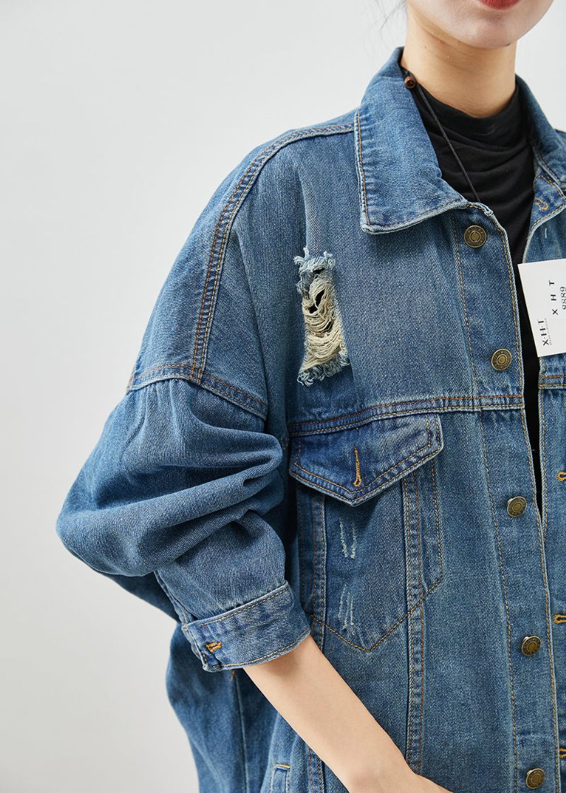 Lösa Denim Blå Oversized Fickor Bomull Ripped Coats Fall - Vinterkappor för kvinnor
