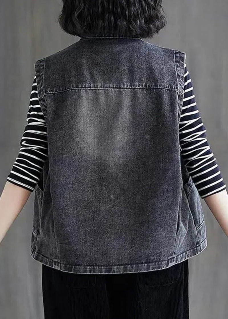 Lösa Svart Grå Färg O-neck Patchwork Knappfickor Denimväst Ärmlös - Svart Grå Färg