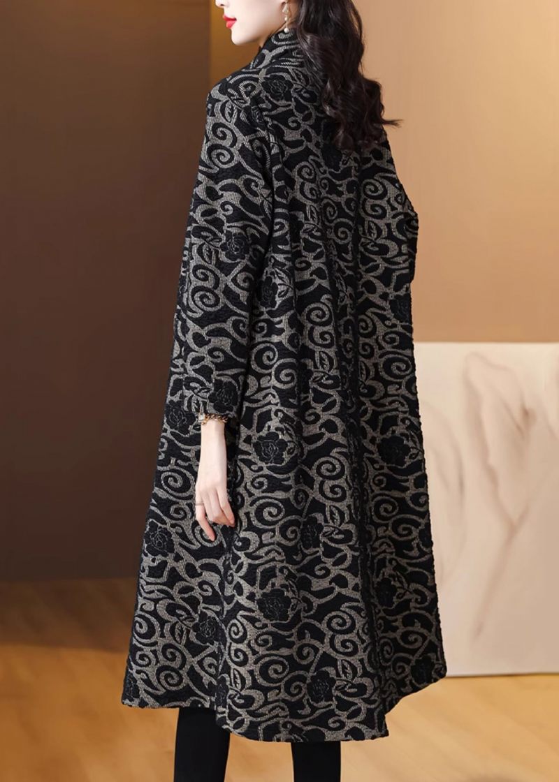 Lösa Svarta Fickor Jacquard Cotton Trench Spring - Trenchcoats för kvinnor