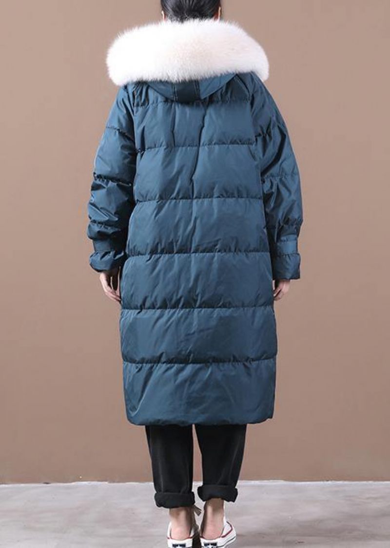 Lyxig Blå Varm Vinterkappa Plus Storlek Fickor Snöjackor Huva Pälskrage Eleganta Jackor - Blå
