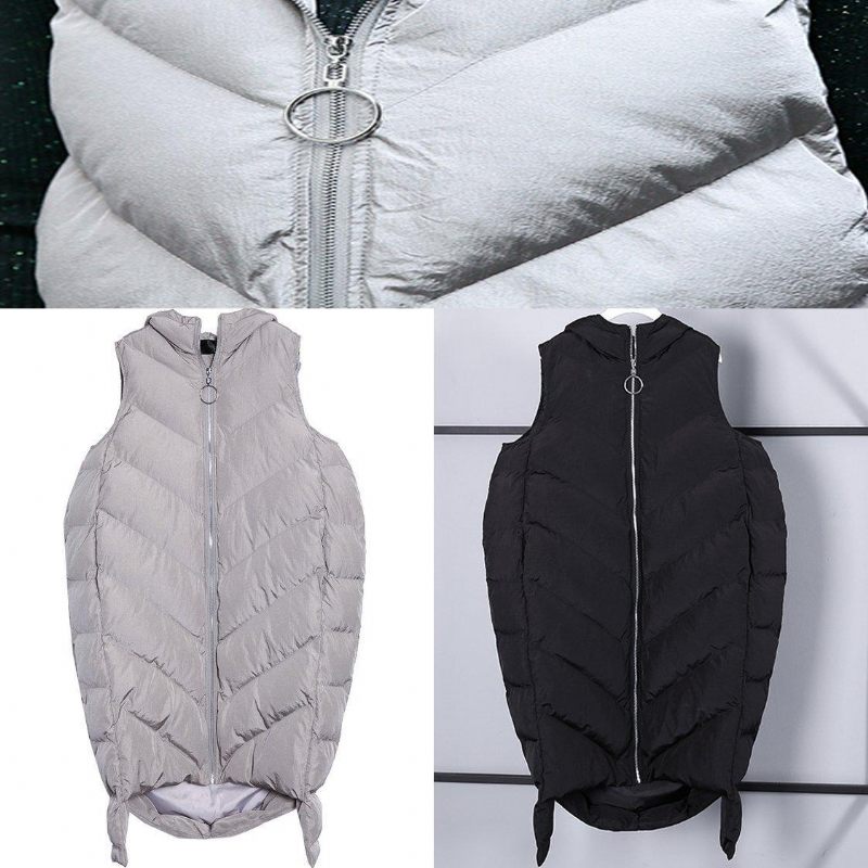 Lyxig Grå Dunjacka Casual Huva Dragkedja Quiltad Kappa Kvinnor Ärmlösa Ytterkläder - Svart