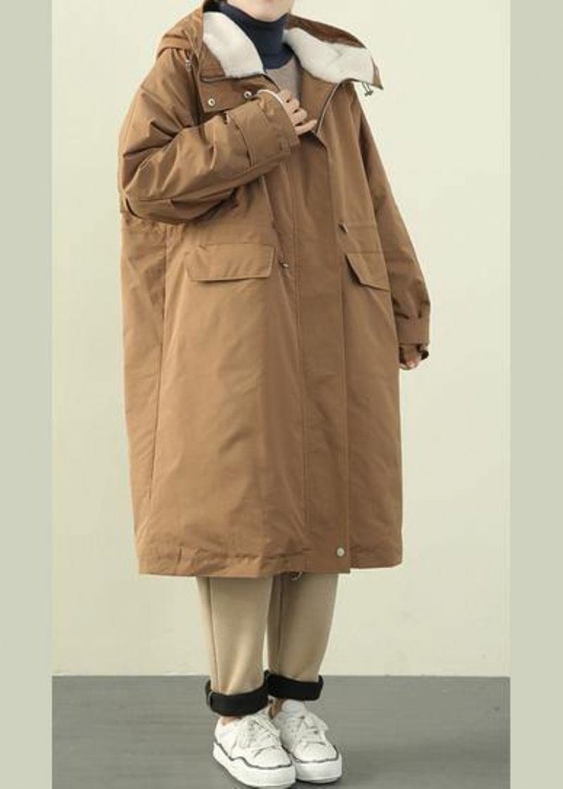 Lyxig Khaki Casual Outfit Plus Size Kläder Dunjacka Med Huva För Vinterytterkläder Med Dragkedja - Svart