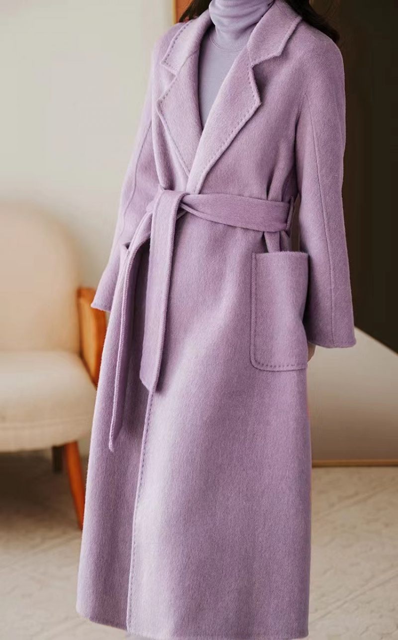 Lyxig Lavendel Silk Wool Blended Trench Overcoat Woolen Coat Vinter - Lavendel
