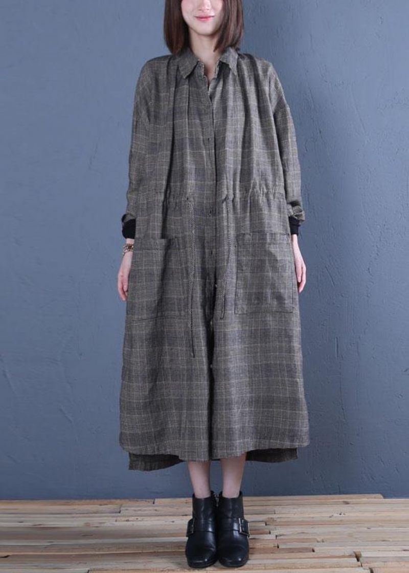 Lyxig Oversize Lång Vinterkappa Höstgrå Rutig Kappa Med Dragsko - Trenchcoats för kvinnor