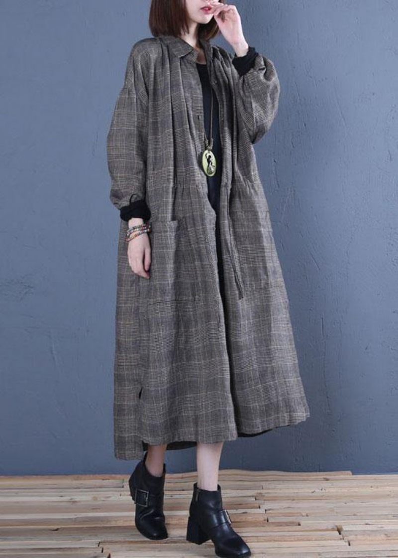 Lyxig Oversize Lång Vinterkappa Höstgrå Rutig Kappa Med Dragsko - Trenchcoats för kvinnor